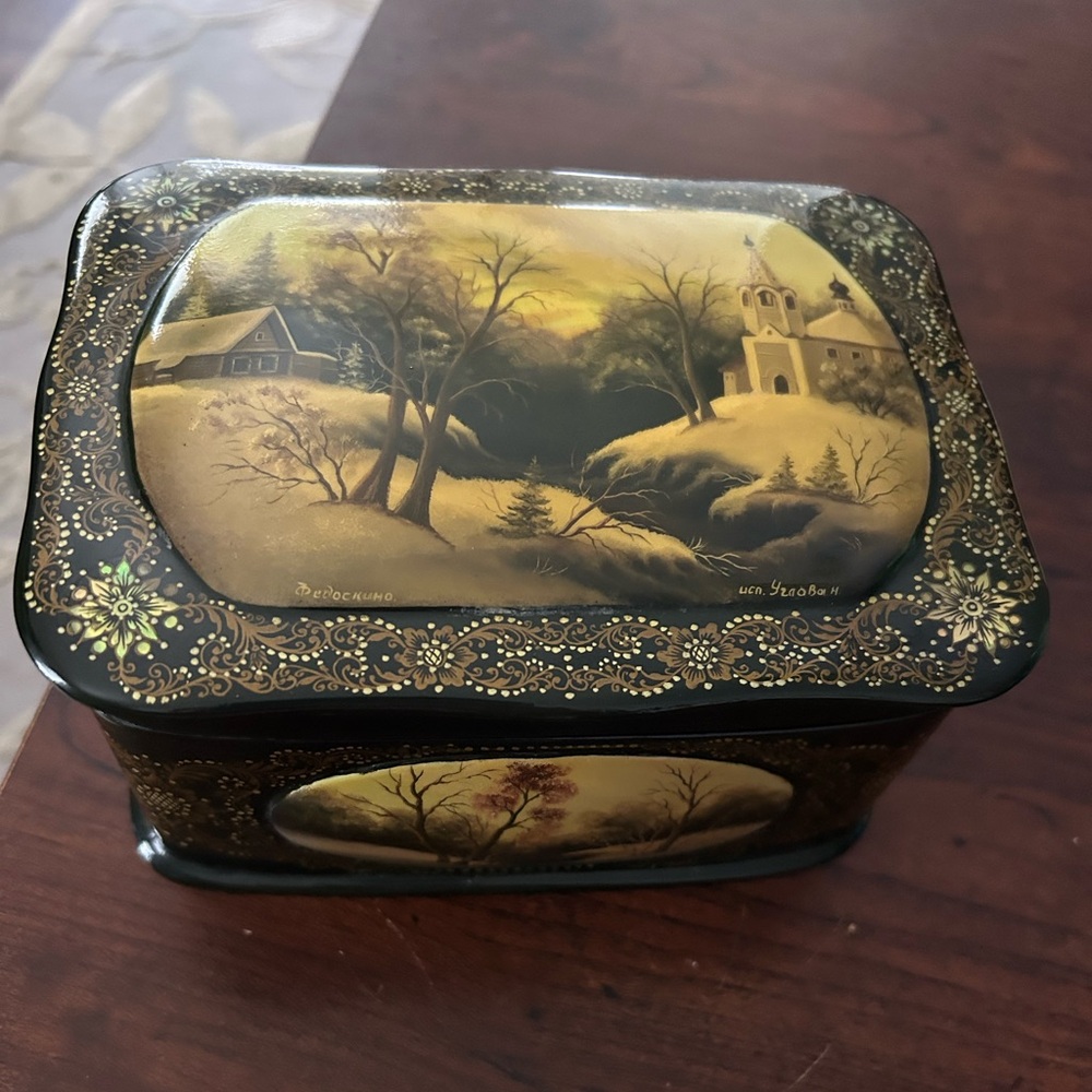 Hand painted lacquer box Ukrainian winter Papier mache box.